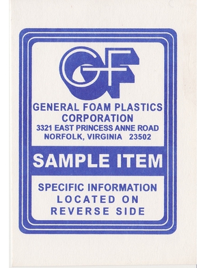 General Foam Plastics Sample Item Tag preview